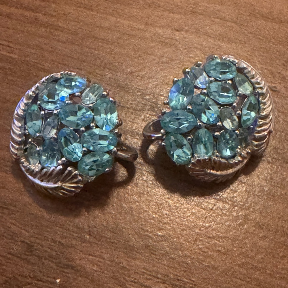 Vintage signed Trifari Silver Earrings with Blue Gemstones